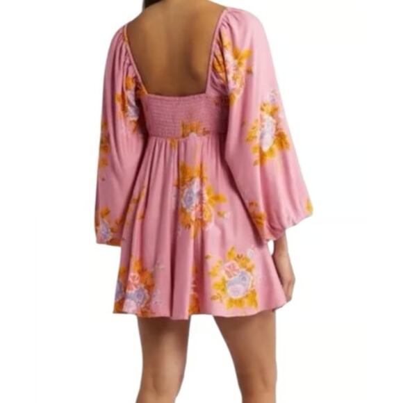 Free People Francesca Floral Puff Long Sleeves Mini Dress Rose Pink Size Large - Picture 3 of 12